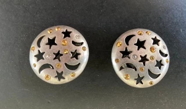 Chico's Cutout Moon and Stars Round Silver Yellow Rhinestone Clip On Earrings 1"