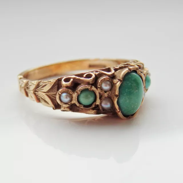 Fine Vintage 9ct Gold Green Turquoise & Pearl Ring c1972; UK Ring Size 'N' 2