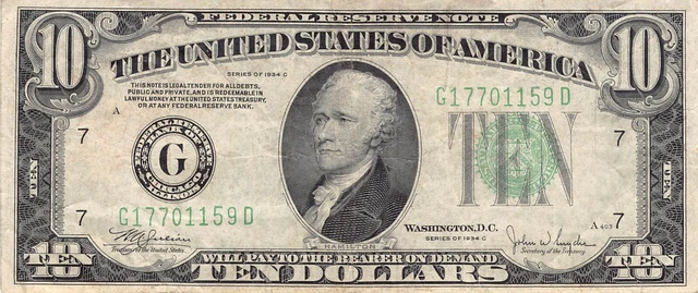 1934-C Chicago $10 Federal Reserve Note Green Seal Dollar Bill (PM108)