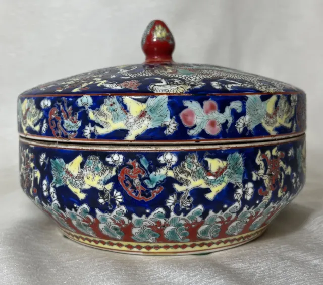 Antique Chinese Famille Rose Dragon Box Cobalt Blue Porcelain Round . AC