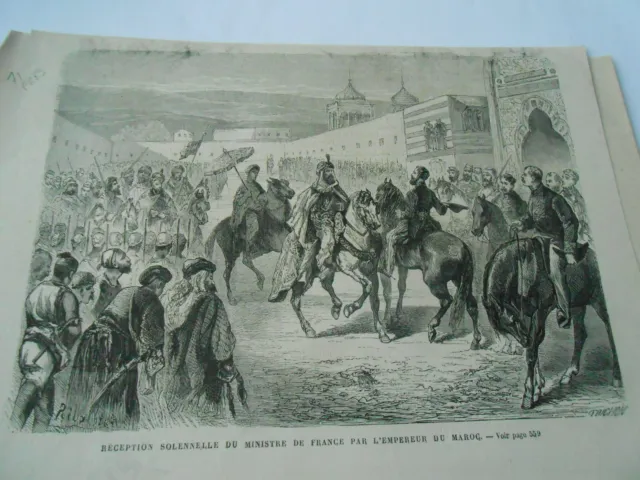 Gravure 1871 - Réception solennelle ministre France par Empereur du Maroc