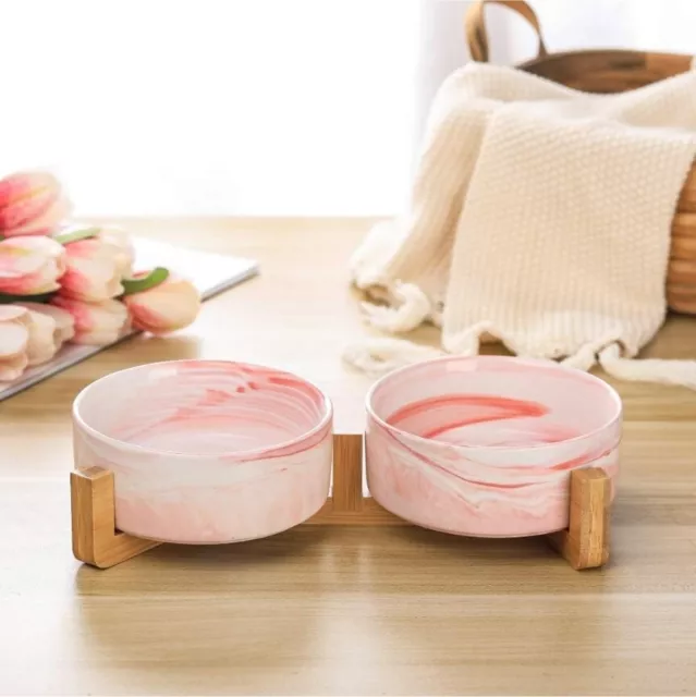 15cm Pink Marble Effect Ceramic Double Pet Water Food Bowl with Stand Dog / cat