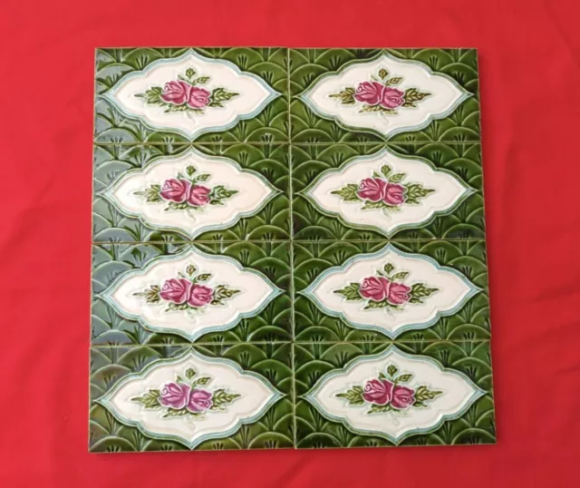 8 Piece Lot Old Art Flower Embossed Design Majolica Ceramic Tiles Japan 0098