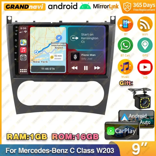 For Mercedes-Benz C Class W203 W209 9" GPS Navi Android Car Radio CarPlay Stereo