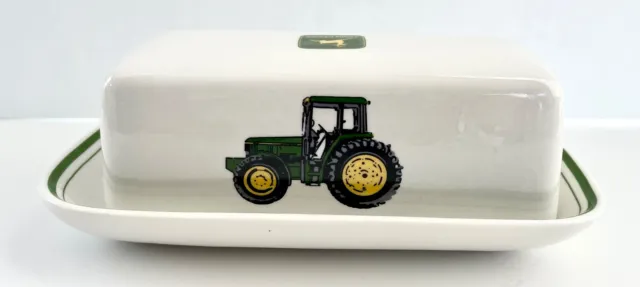 Gibson John Deere Green Tractor  2 Piece  Ceramic Covered Butter Dish  Vintage