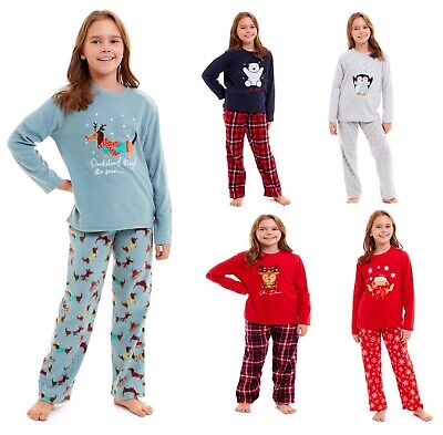 Girls Christmas Pyjamas Xmas Robin Reindeer fleece Sleepwear Set Top Bottoms NEW