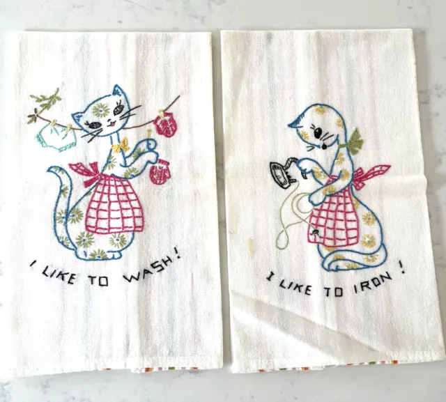 Set Of 2 Vintage Cat Embroidery Cotton Dish Towels I Like To Wash / Iron Chores