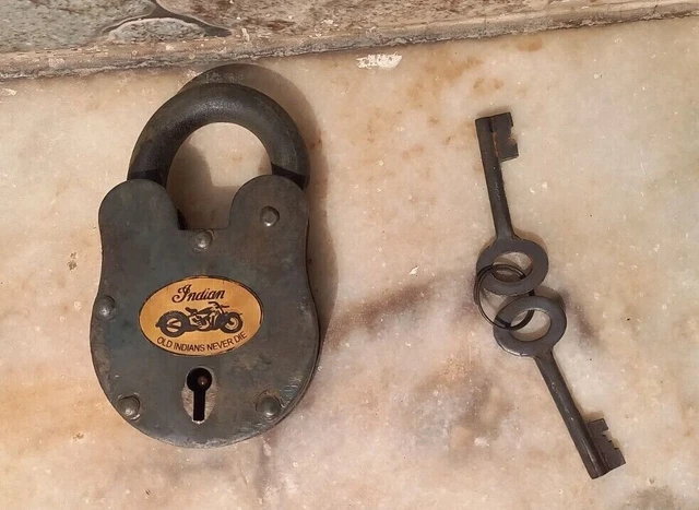OLD INDIAN NEVER DIE Cast Iron Lock & Key Antique Brown Finished 5"