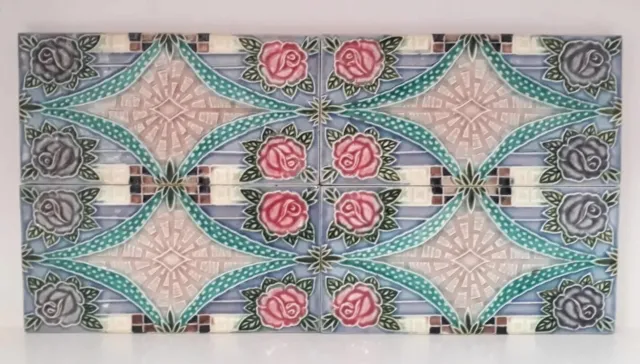 4 Pc Vintage Rose Flower Design Embossed D K Mark Colourful Ceramic Tiles,Japan.