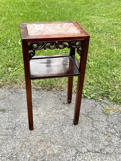 Antique Chinese Carved Hardwood Table Marble Top 19th Century Late Qing Period