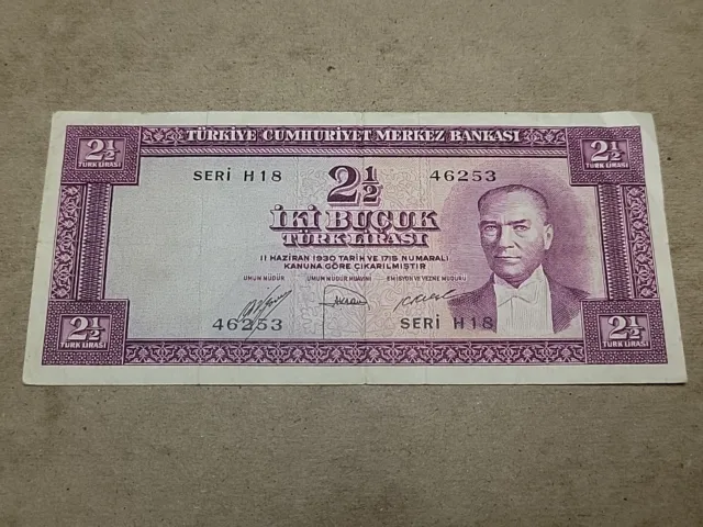 🇹🇷 Turkey 2 1/2 lira lirasi 1930 (1952) P-150 series H "VF" banknote 013024-10