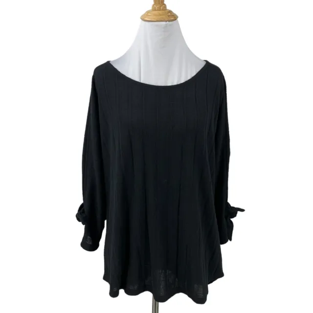 Bobeau Knit Blouse Womens L Large Black 3/4 Tie Sleeves Shirttail Casual Loose