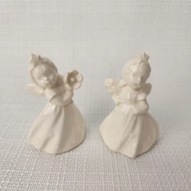 2 Vtg Goebel W Germany Porcelain White Christmas Angel Figurines Flowers Stars