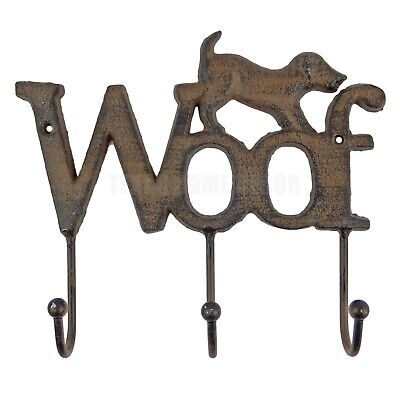 "Woof" Dog Leash Rack Wall Hooks Cast Iron Coat Key Towel Hanger Rustic Brown