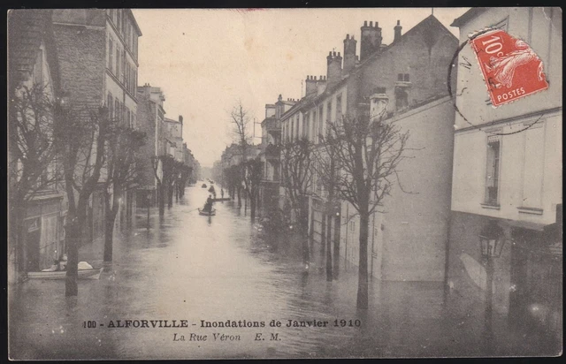 ALFORVILLE 94 Inondation Rue Véron CPA animée écrite par Berthe à Papa vers 1910