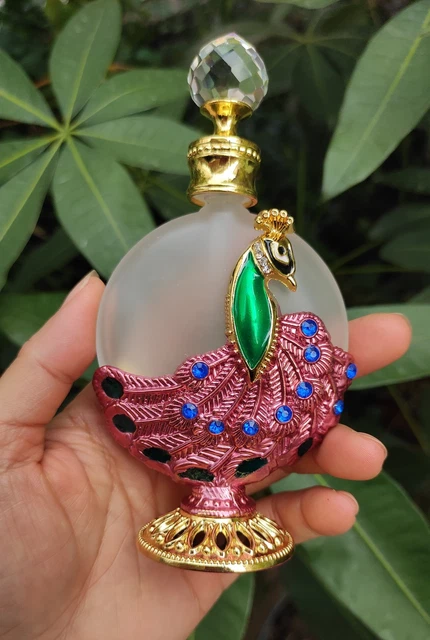 Peacock Feather Vintage Style Metal Glass Oil Perfume Bottle Reusable 30mL Pink