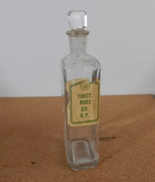 Vintage Chemist Bottle  Labeled Tinct.Rhei Co B.P Ground Glass Stopper 18cm tall