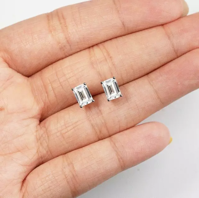 2 Ct Emerald Cut VVS1/D Lab Created Stud Earrings 14k White Gold 7mm Push Back