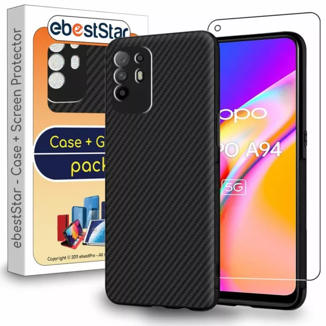 Coque pour Oppo A94 5G Housse Etui Motif Fibre Carbone TPU + VERRE Trempé, Noir