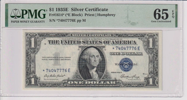 Fr 1614* 1935E $1 SC *74047776E PMG 65EPQ GEM CU SERIES 1935-E RARE STAR NOTE