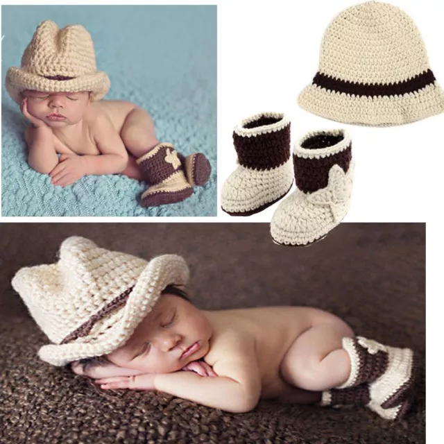 Baby Photography Props Cowboy Hat Shoes Crochet Costume Knitted Newborn Costume