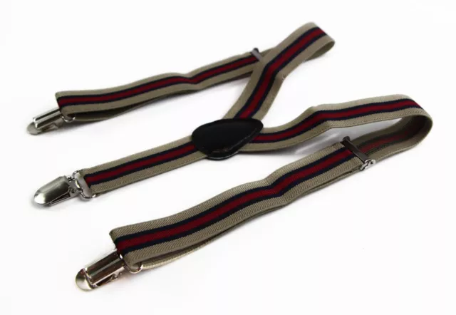 Boys Adjustable Latte, Navy & Red Striped Patterned Suspenders 3