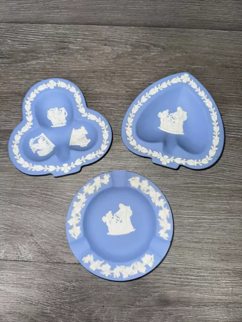 Lot of 3 Wedgwood Blue Jasperware Circle Spade & Club Clover Ashtrays England