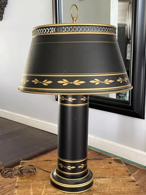 Vintage Black & Gold 50s 60s Mid Century Tole Metal Shade Desk Table Lamp Light 2