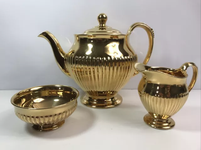Royal Winton Grimwades Golden Age Ribbed Teapot Creamer & Sugar Bowl 1950s