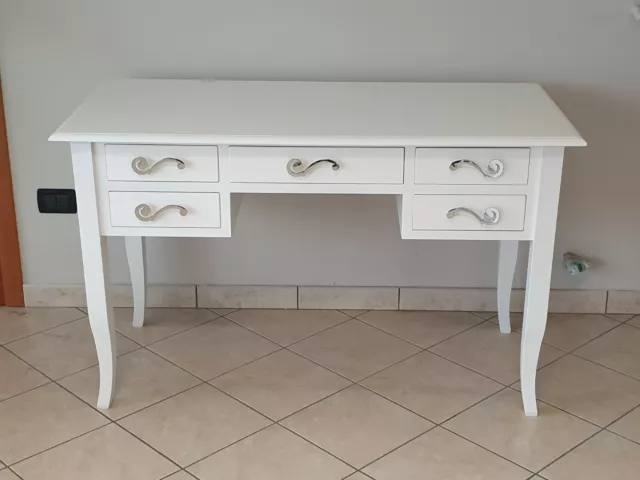 Scrivania Scrittoio In Legno Shabby Chic 5 Cassetti Bianco