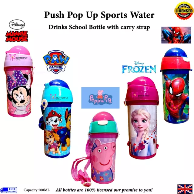 Kinder Trinkflasche Push and Pop Up BPA-FREI Kunststoff Schule Wasser Tragegurt