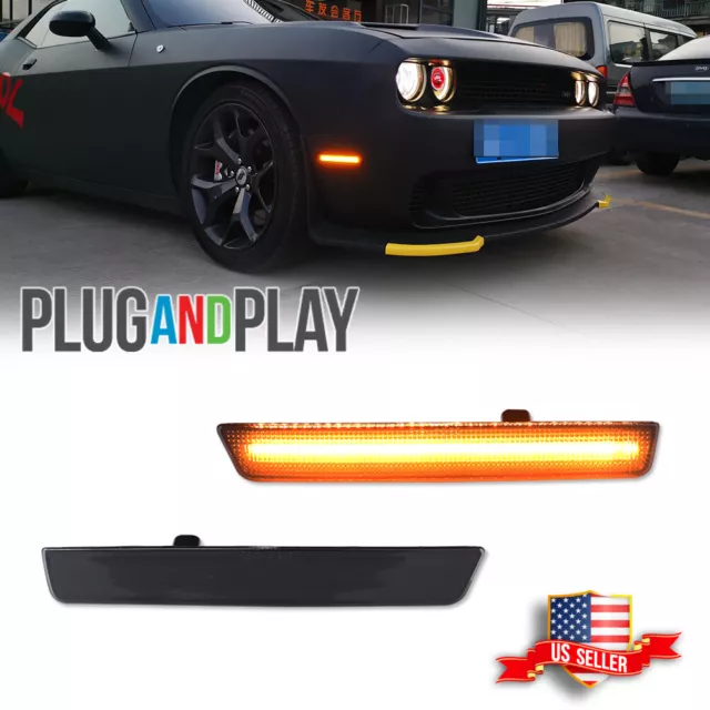 2PCS Smoked Lens Amber LED Front Sidemarker Light For 2015-2023 Dodge Challenger