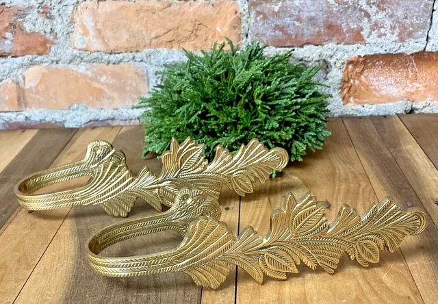 90s Brass Heavy Leaf Design Drapery Curtain Tiebacks Pullbacks Vintage Set Of 2