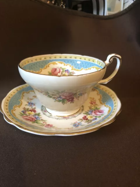 Foley China E. Brain & Co Turquoise Pink Rose "Windsor" Cup & Saucer and Teacup