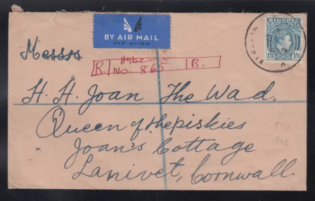 Nigeria 1949 Agbeni Manuscript Registered Cover to Cornwall England