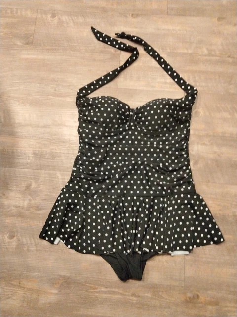 Black Polka Dot 1 Piece Swimsuit XL. Halter Ties Ruffle Ruched Sides.Rose M Reid