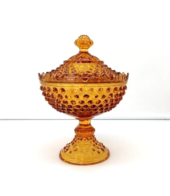 Vintage Fenton 3784 Amber Glass Crown Edge Footed Hobnail Candy Dish with Lid