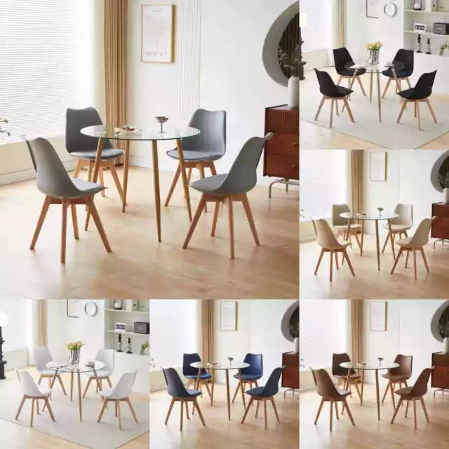 Round Glass Dining Table and 4 Chairs Set Beech Legs Home Kitchen Furniture