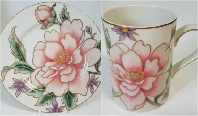 Fitz & Floyd Palace Peony Coffee Mug and Plate Fine Porcelain Set Lot Floral