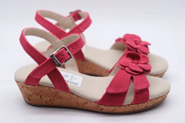 CLARKS HARPY WINGS Inf Pink Suede Cork Wedge Sandals Kids Girls
