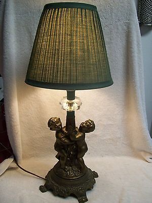 Vintage 20" Tall Brass & Crystal Twin Cherubs Looking Up Table Lamp