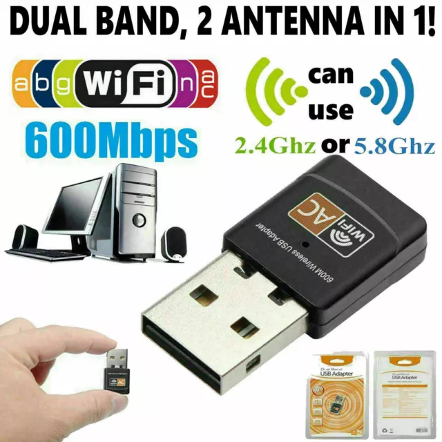 600 Mbps 2.4-5ghz USB Dual Band Wireless Adapter WiFi Dongle 802.11 AC Laptop PC