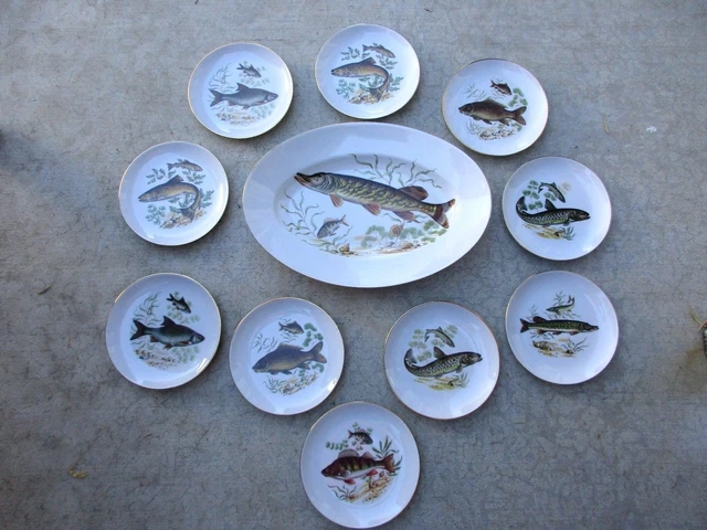 Naaman Israel Porcelain Oval Fish Platter w/Set of 10 Round 6 1/2" Fish Plates