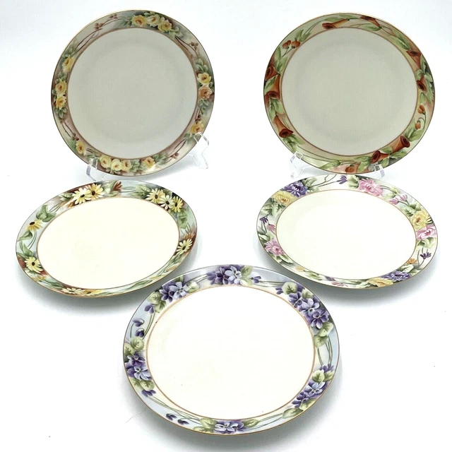 Antique MZ Austria Porcelain Luncheon Plates Hand Painted Floral Rims 8.5"