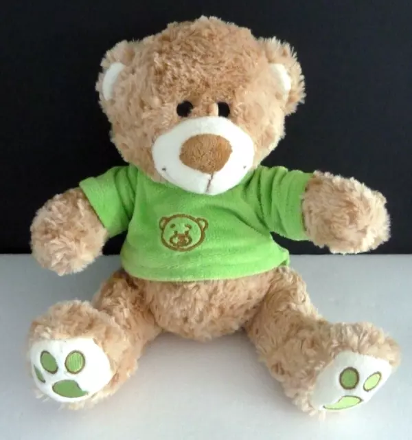 Q9. DOUDOU PELUCHE OURS beige pull sweat vert tête marron empreinte 33cm - TTBE