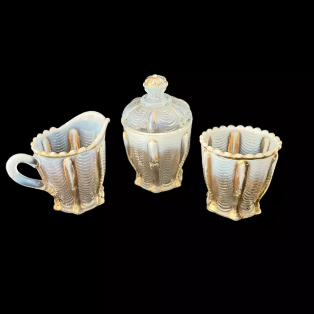 Northwood White Opalescent Drapery Table Set Sugar Creamer Spooner Circa 1900's