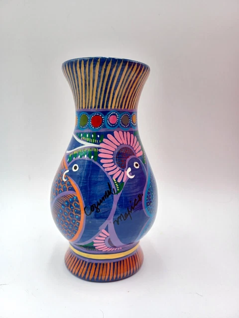 Talavera style Pottery Mexican Folk Art Hand Painted Bud Vase Colorful Birds