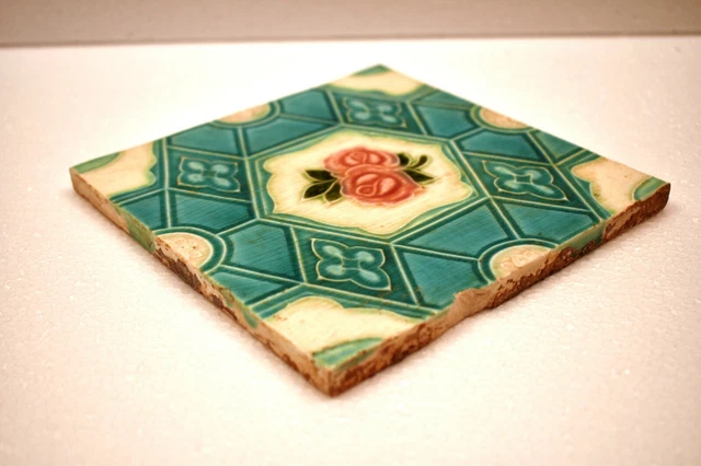 Antique Tile Japan Majolica Art Nouveau Porcelain Floral Rose Geometric Rare"J67 3