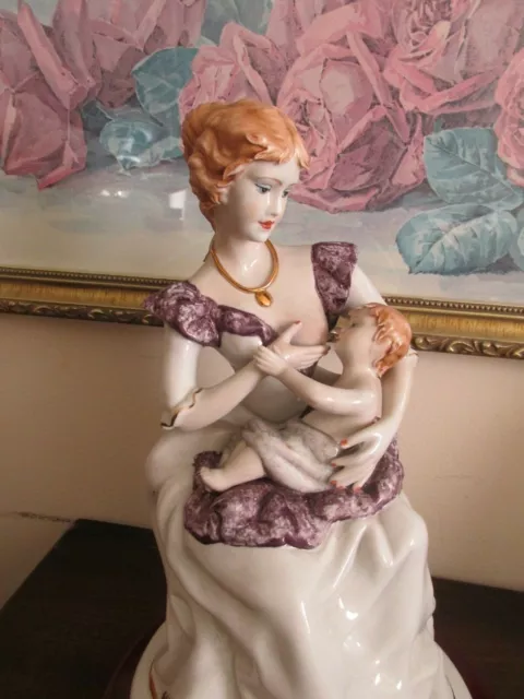 Capodimonte G. Cortese Figurine Mother Feeds Baby Wood Base 11" 2