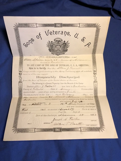 Antique Sons Of Veterans United States Discharge Documents Civil War Soldier
